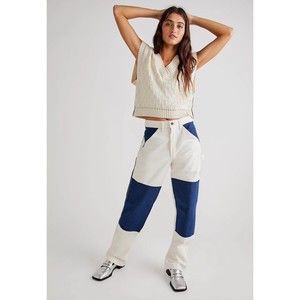 NWT Free People X Riverside Blue Ivory Geometric Boho Jeans Pants Sz W 28/L 32